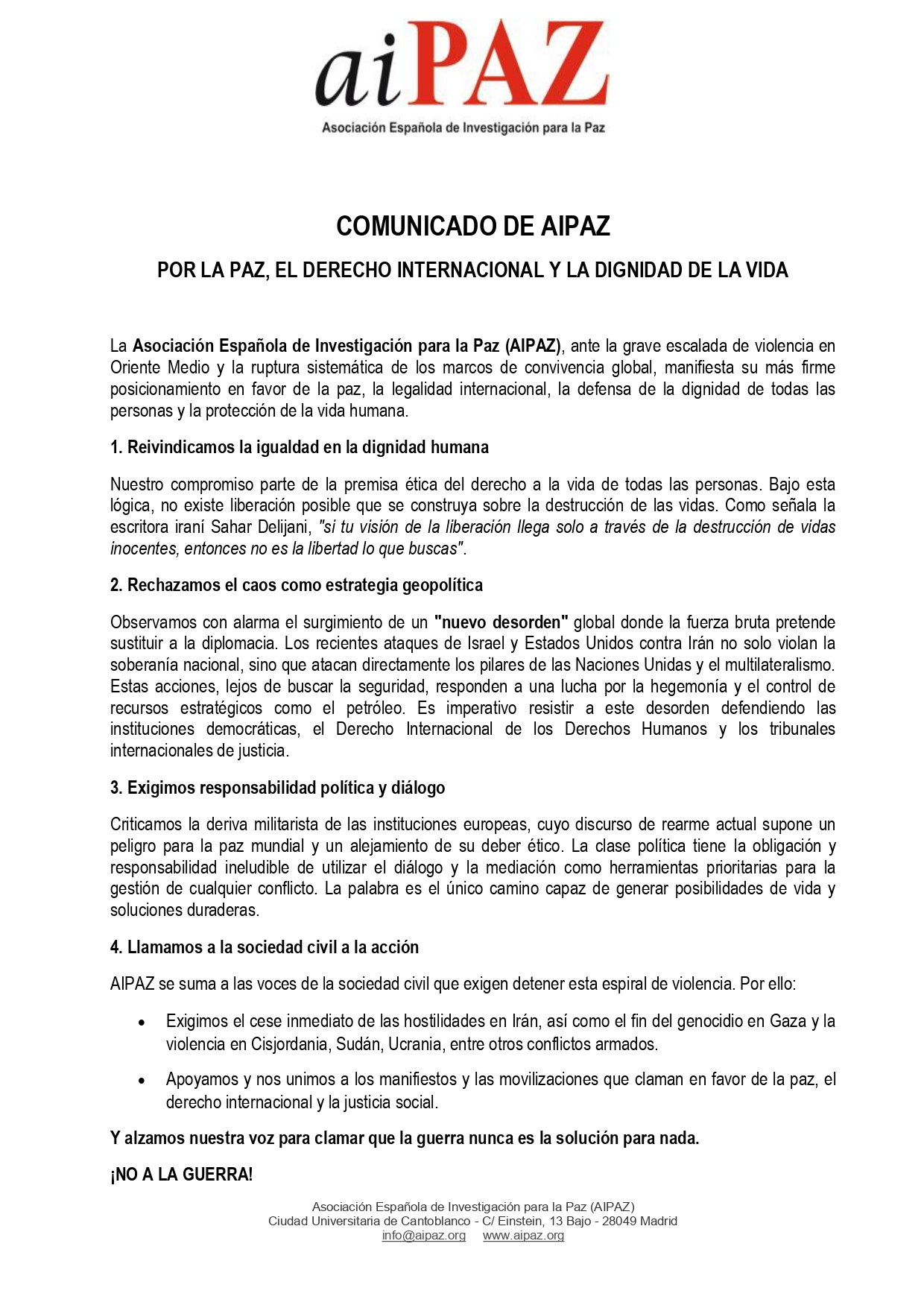 COMUNICADO DE AIPAZ POR LA PAZ, EL DERECHO INTERNACIONAL Y LA DIGNIDAD DE LA VIDA